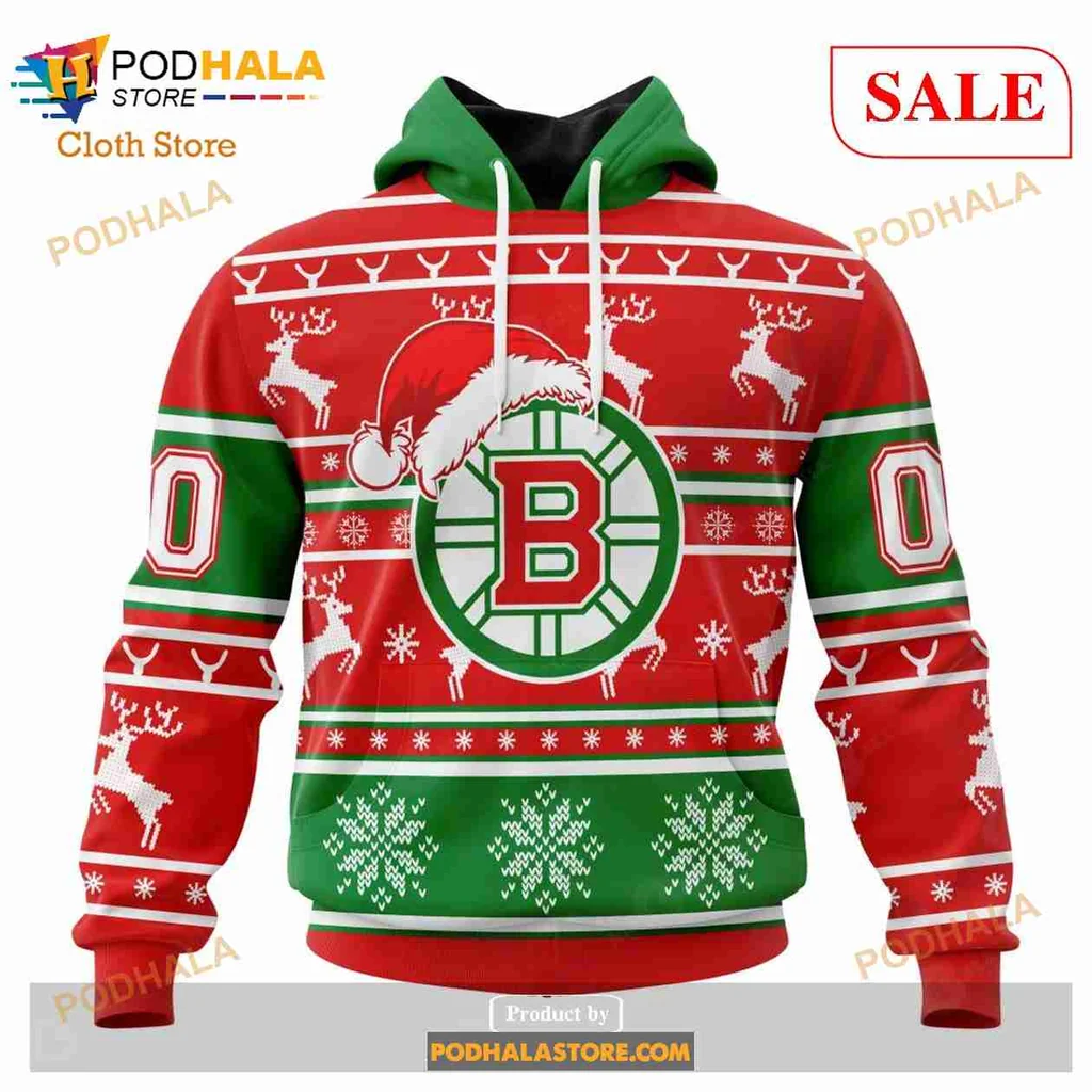 Boston Bruins Christmas Hoodie With Festive Wreath And Santa Hat
