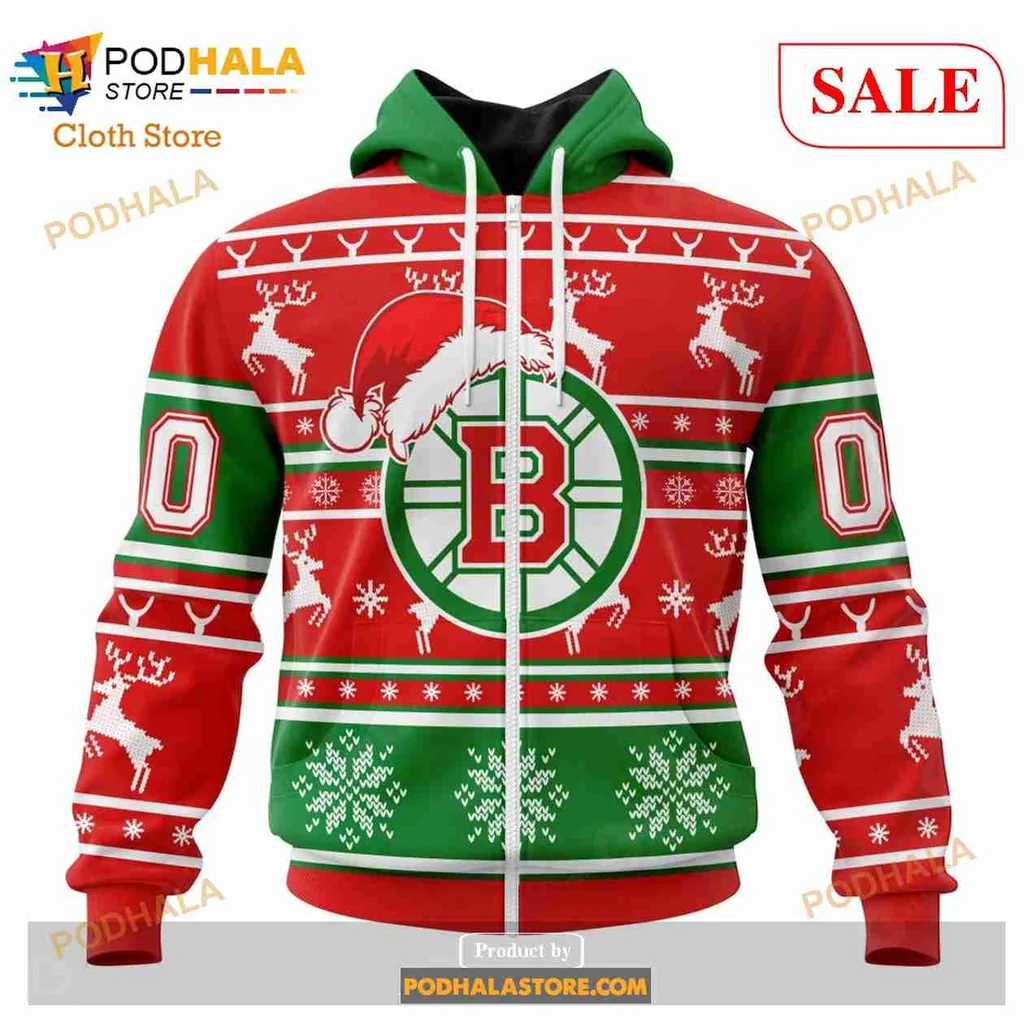 Boston Bruins Christmas Hoodie With Festive Wreath And Santa Hat - View 1 Boston Bruins Christmas Hoodie With Festive Wreath And Santa Hat - View 1
