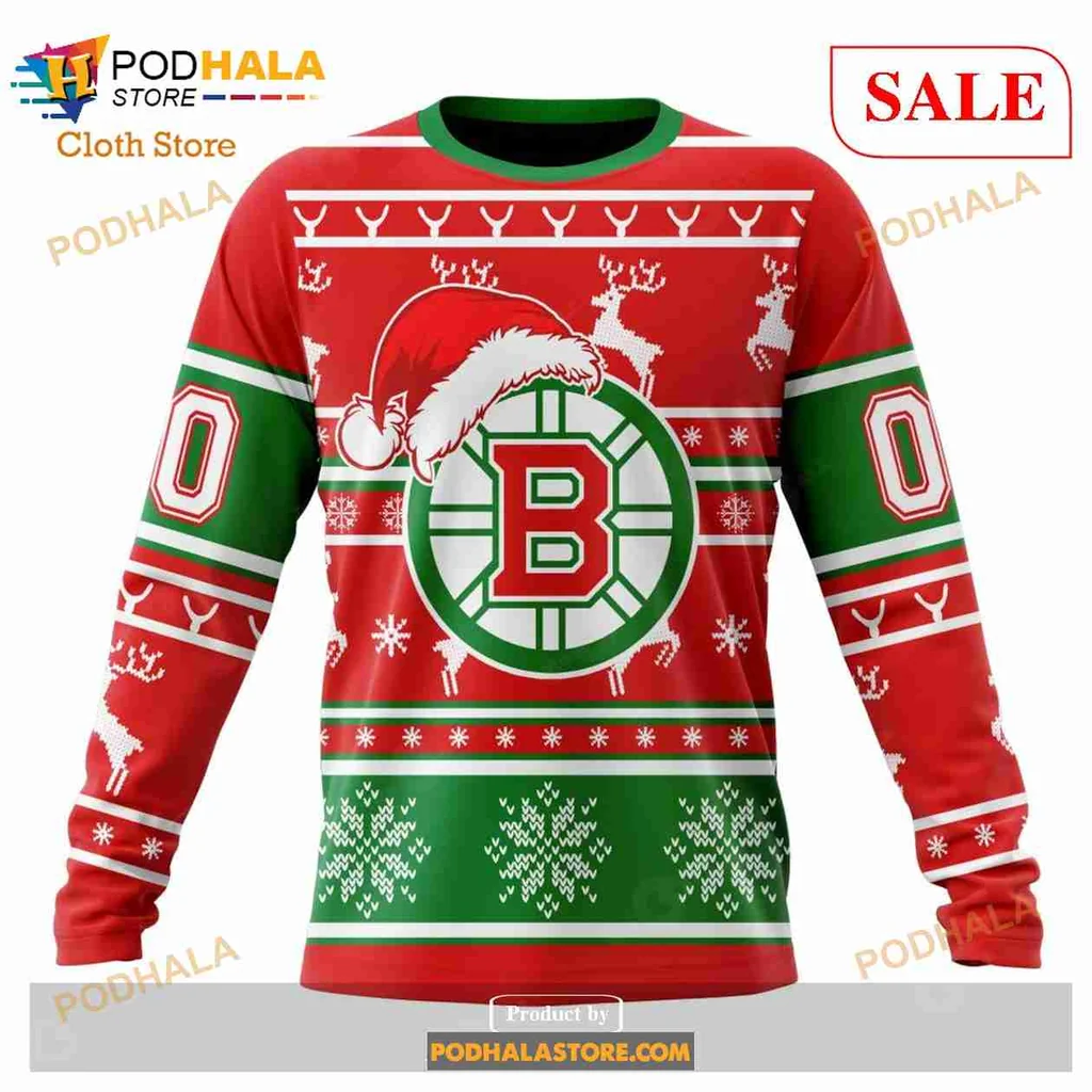 Boston Bruins Christmas Hoodie With Festive Wreath And Santa Hat - View 3 Boston Bruins Christmas Hoodie With Festive Wreath And Santa Hat - View 3