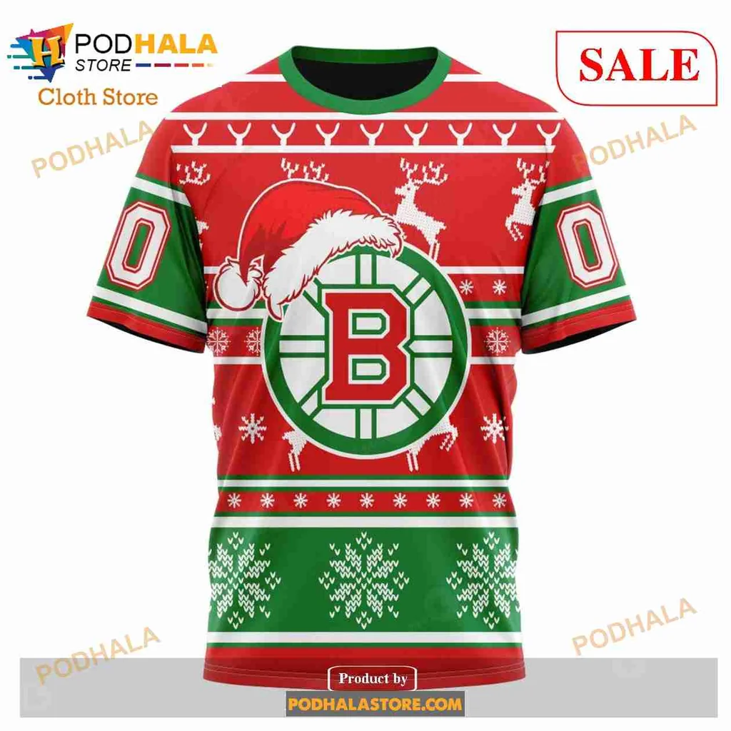 Boston Bruins Christmas Hoodie With Festive Wreath And Santa Hat - Product View 6 Boston Bruins Christmas Hoodie With Festive Wreath And Santa Hat - Product View 6