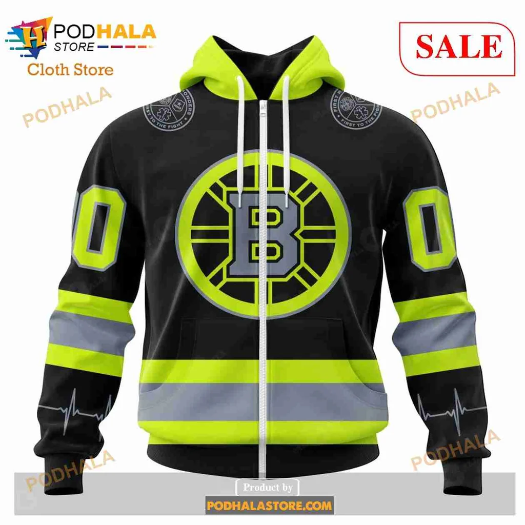 Boston Bruins Firefighter All Over Print Hoodie With Bold Emblem And Reflective Stripes Boston Bruins Firefighter All Over Print Hoodie With Bold Emblem And Reflective Stripes