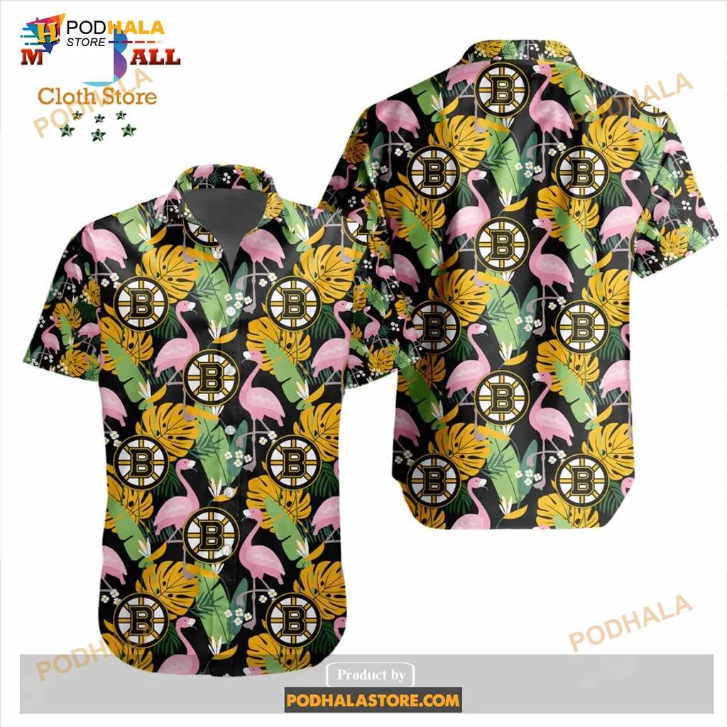 Boston Bruins Flamingo Hawaiian Shirt With Tropical Leaves Design