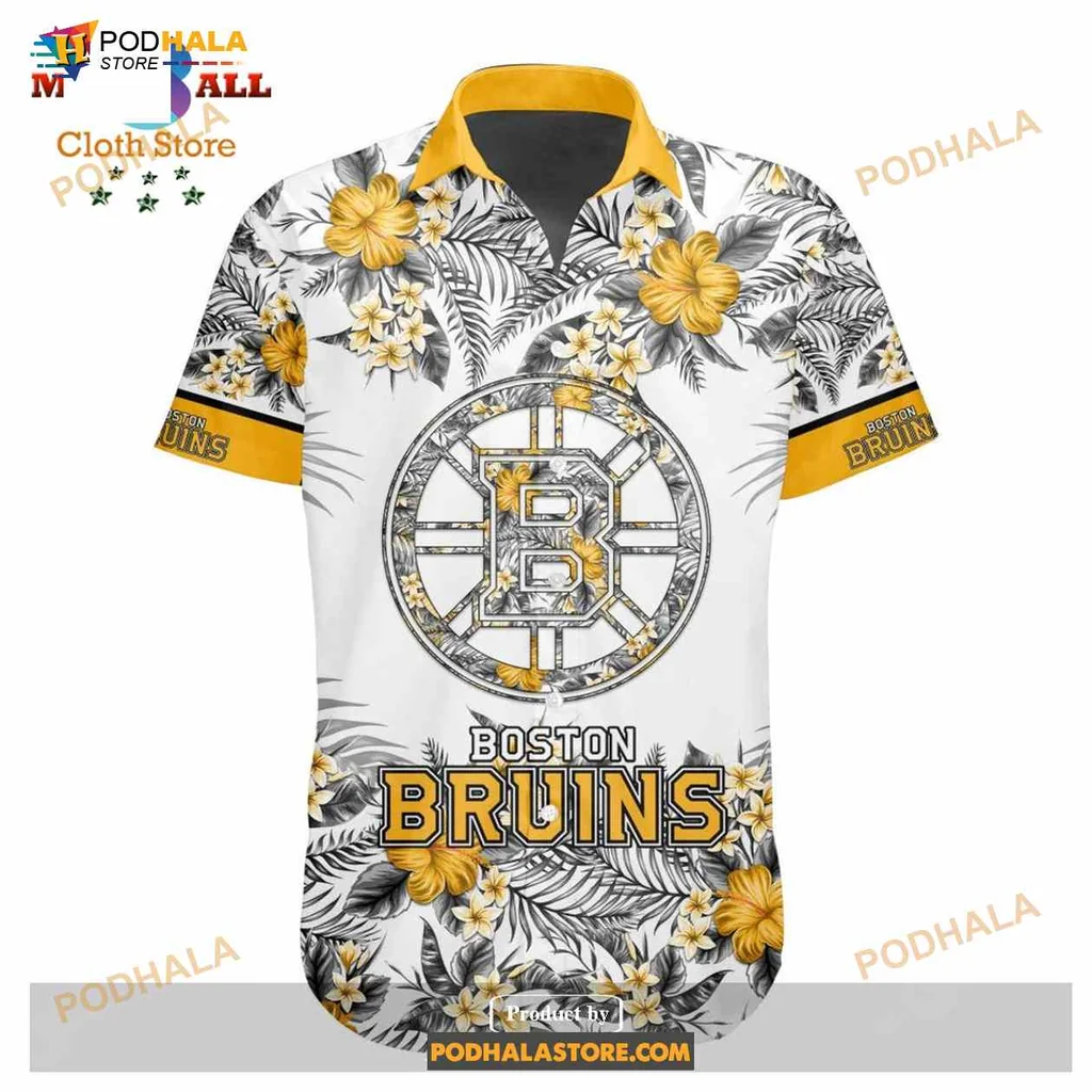 Boston Bruins Floral Aloha Shirt With Bold Yellow Flowers Boston Bruins Floral Aloha Shirt With Bold Yellow Flowers