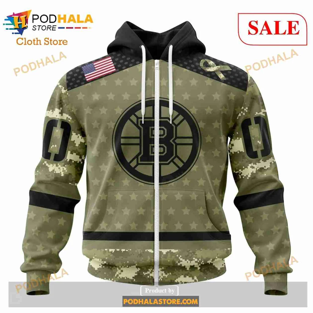 Boston Bruins Military Appreciation Hoodie With Camo Design And Emblem - View 1 Boston Bruins Military Appreciation Hoodie With Camo Design And Emblem - View 1