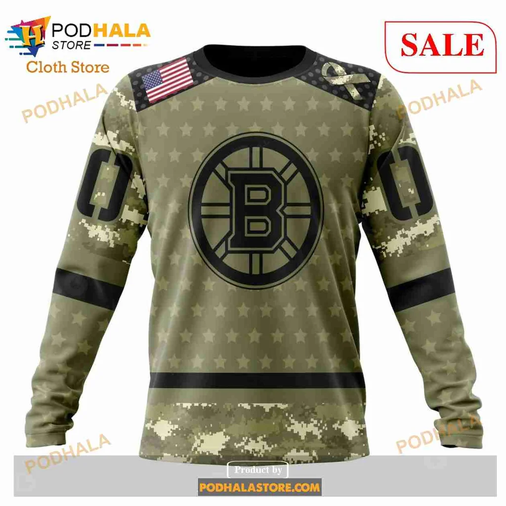 Boston Bruins Military Appreciation Hoodie With Camo Design And Emblem - View 3 Boston Bruins Military Appreciation Hoodie With Camo Design And Emblem - View 3