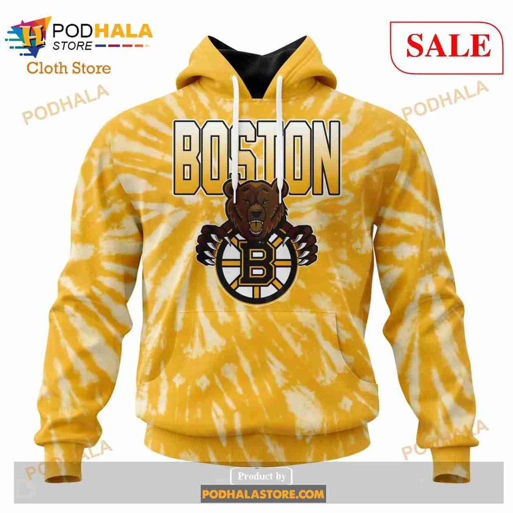 Boston Bruins Retro Tie Dye Hoodie Featuring Bold Bear Graphic