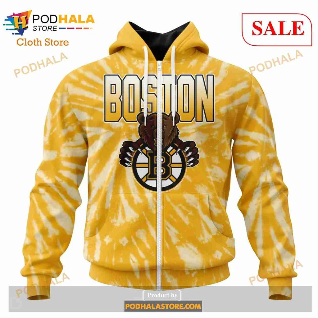 Boston Bruins Retro Tie Dye Hoodie Featuring Bold Bear Graphic - View 1 Boston Bruins Retro Tie Dye Hoodie Featuring Bold Bear Graphic - View 1