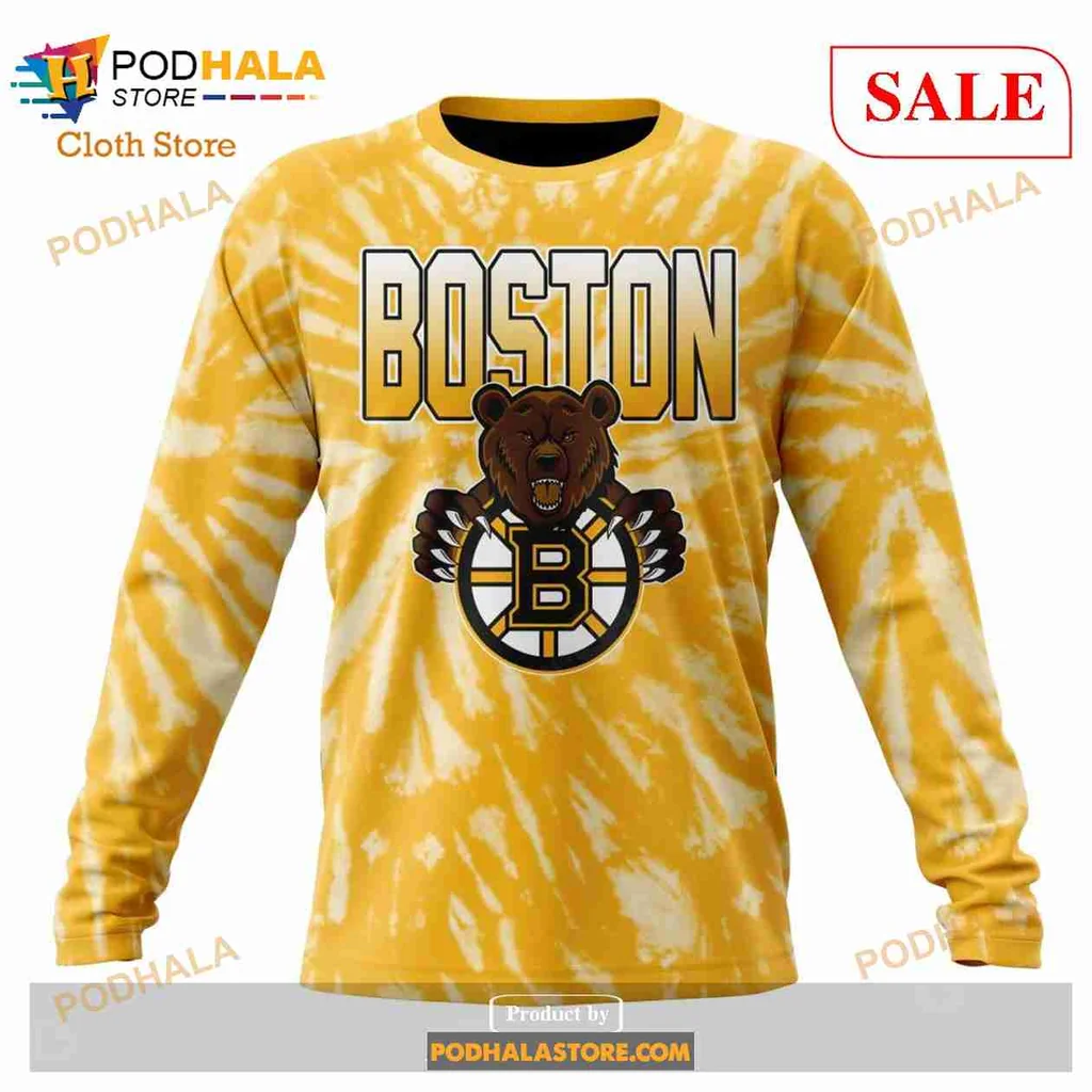 Boston Bruins Retro Tie Dye Hoodie Featuring Bold Bear Graphic - View 3 Boston Bruins Retro Tie Dye Hoodie Featuring Bold Bear Graphic - View 3