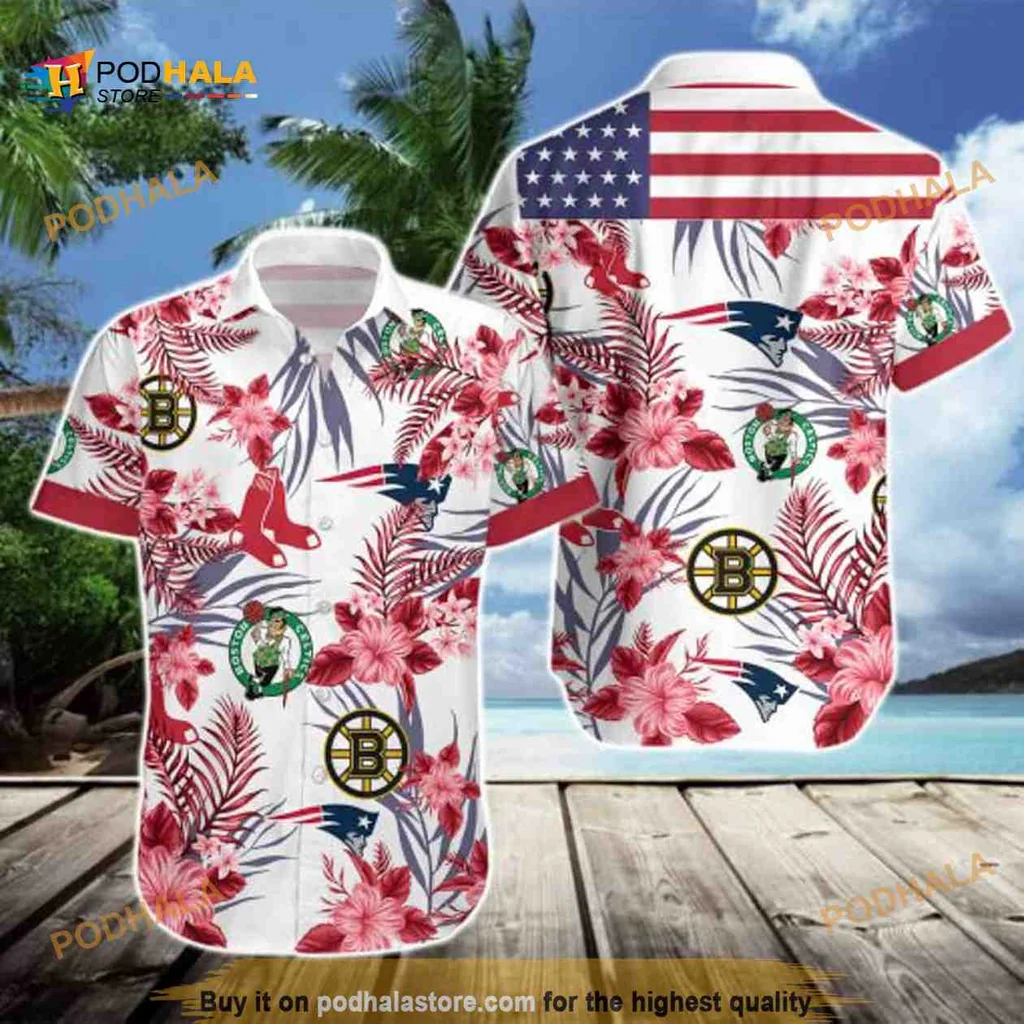 Boston Celtics Floral Hawaiian Shirt With Hibiscus And American Flag Design