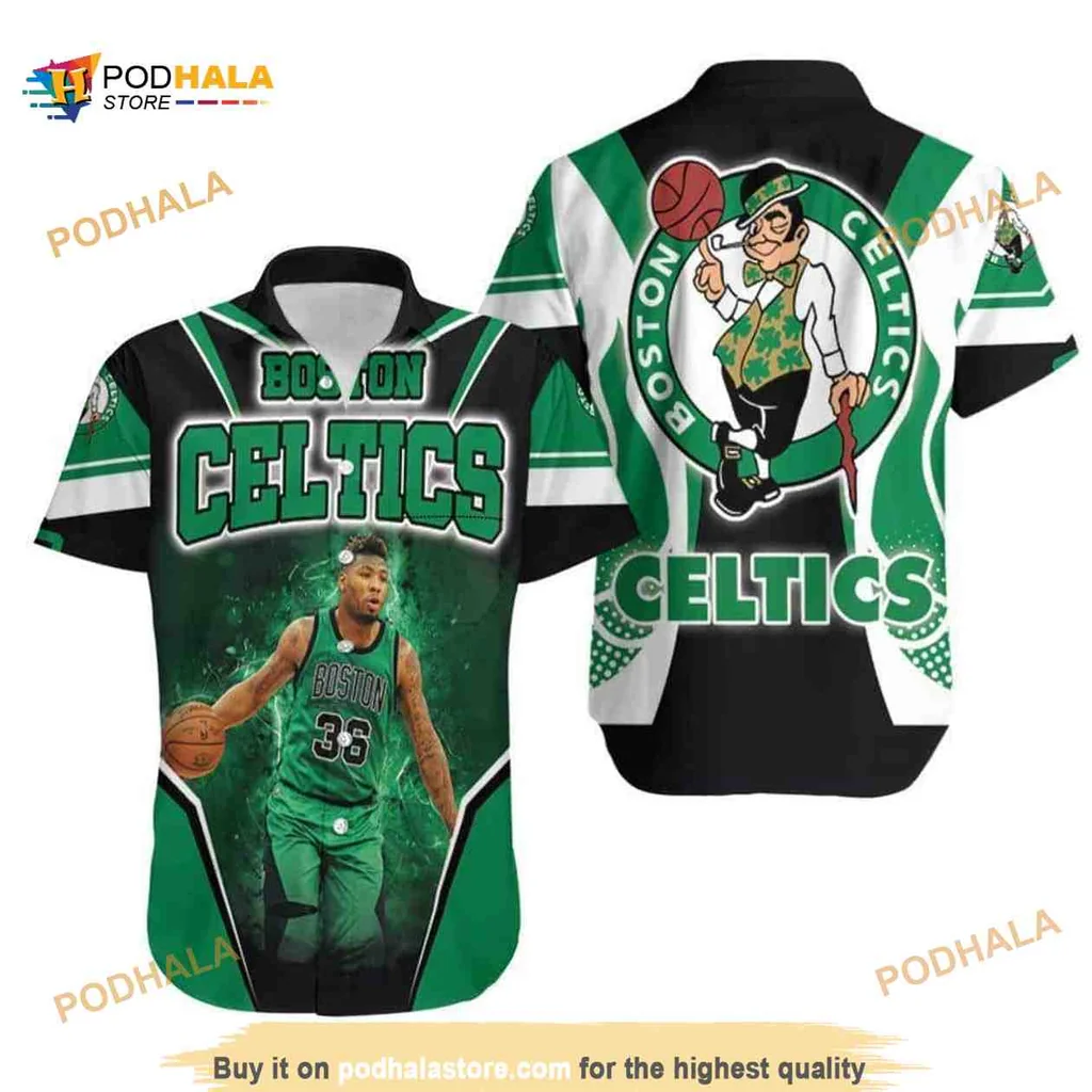 Boston Celtics Hawaiian Shirt Featuring Basketball Player And Leprechaun Design