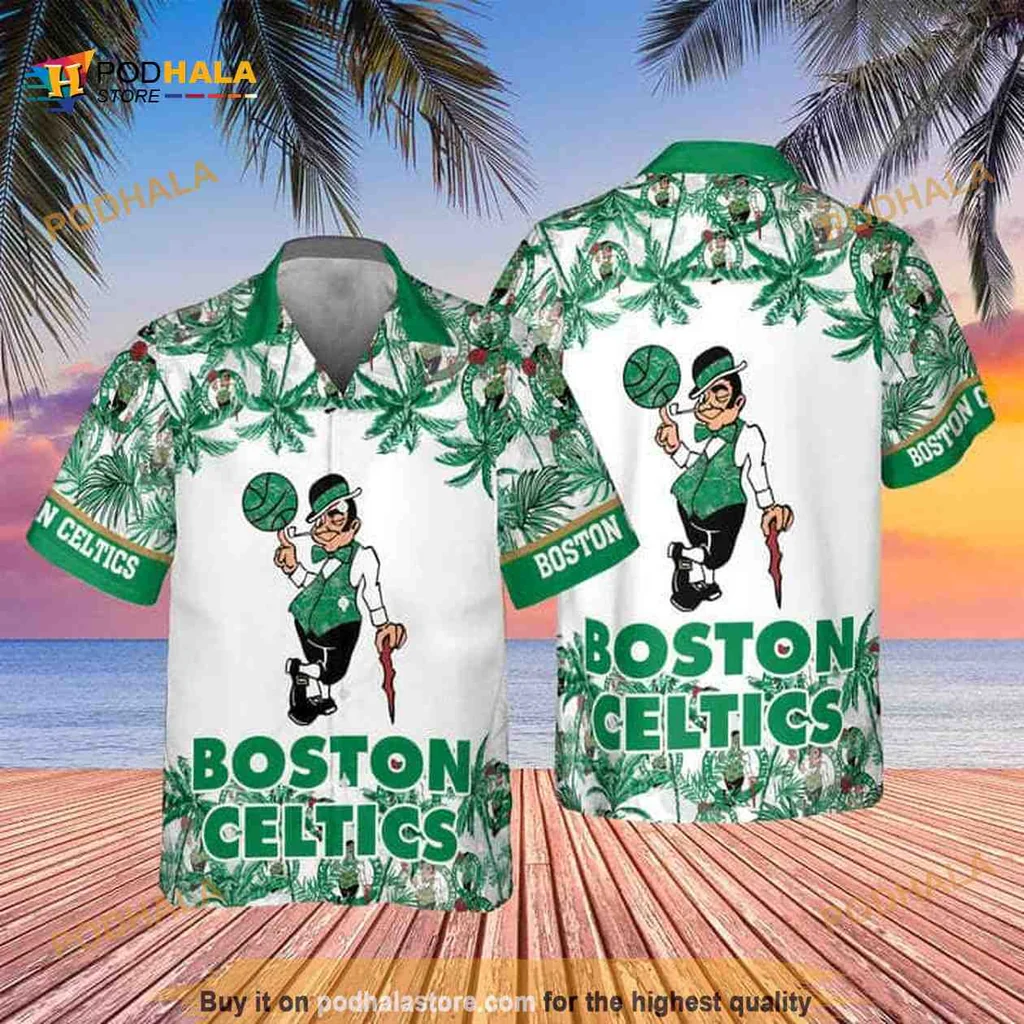 Boston Celtics Hawaiian Shirt With Tropical Design And Cartoon Leprechaun