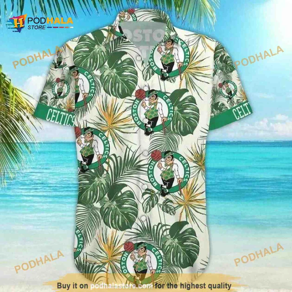 Boston Celtics Leprechaun Aloha Shirt, Palm Leaves Pattern Hawaiian Shirt