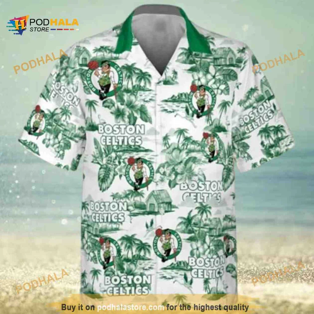 Boston Celtics Tropical Aloha Shirt With Green Leaves And Basketball Motifs