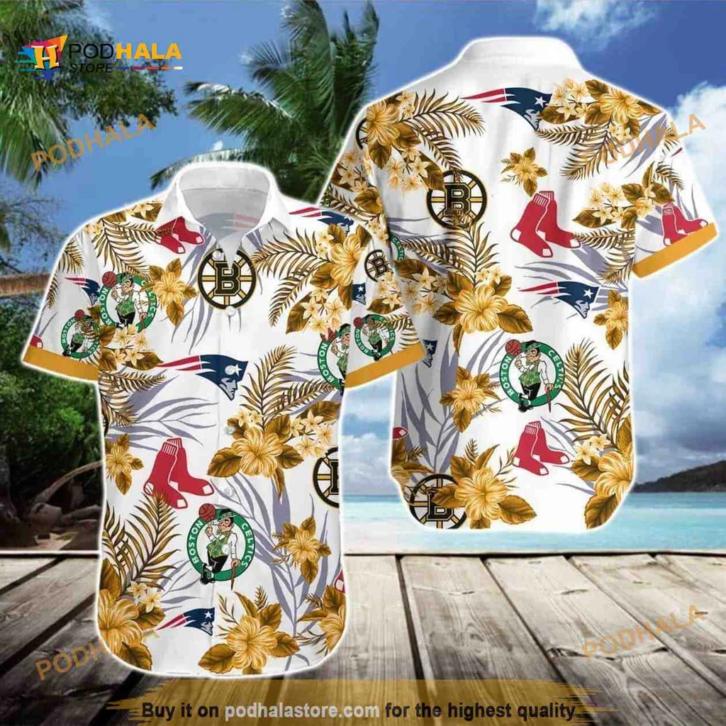 Boston Celtics Tropical Aloha Shirt With Hibiscus Flowers And Team Logos