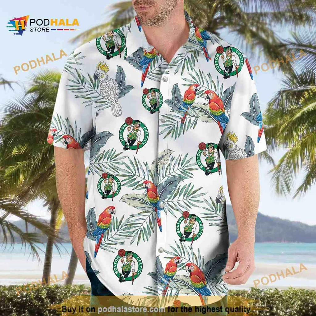Boston Celtics Tropical Aloha Shirt With Lush Palm Leaves And Colorful Parrots
