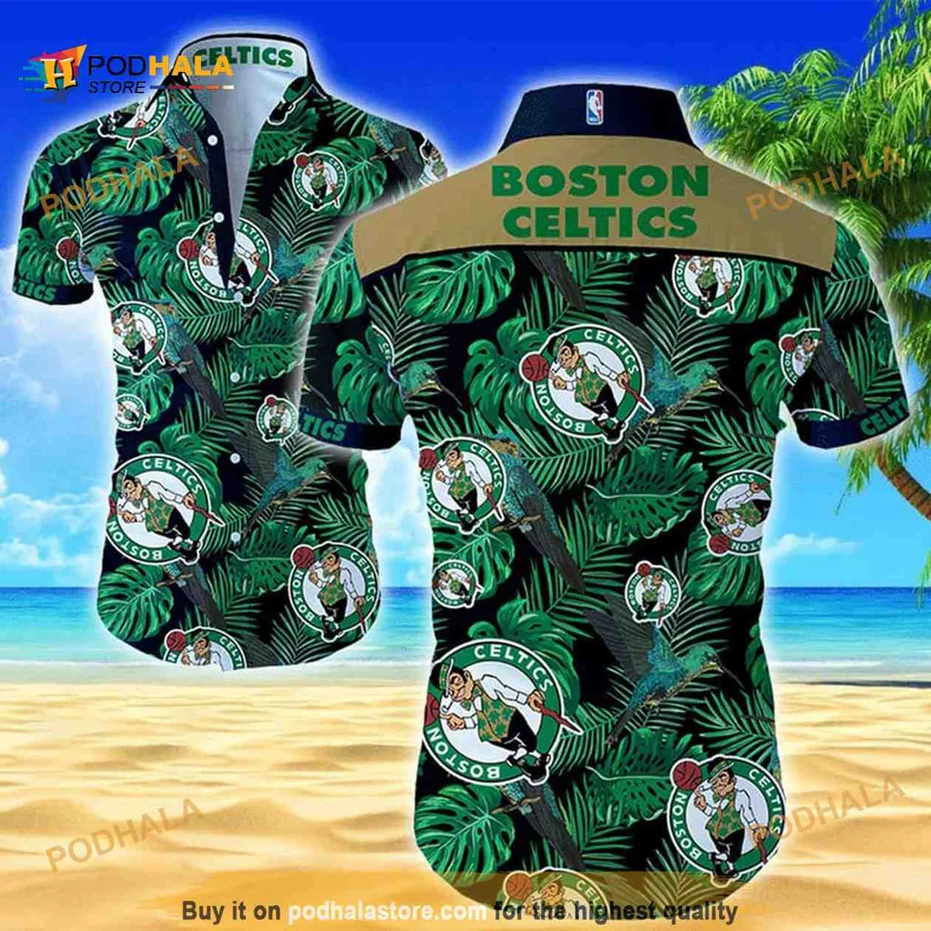 Boston Celtics Tropical Aloha Shirt With Palm Leaves And Leprechaun Logo
