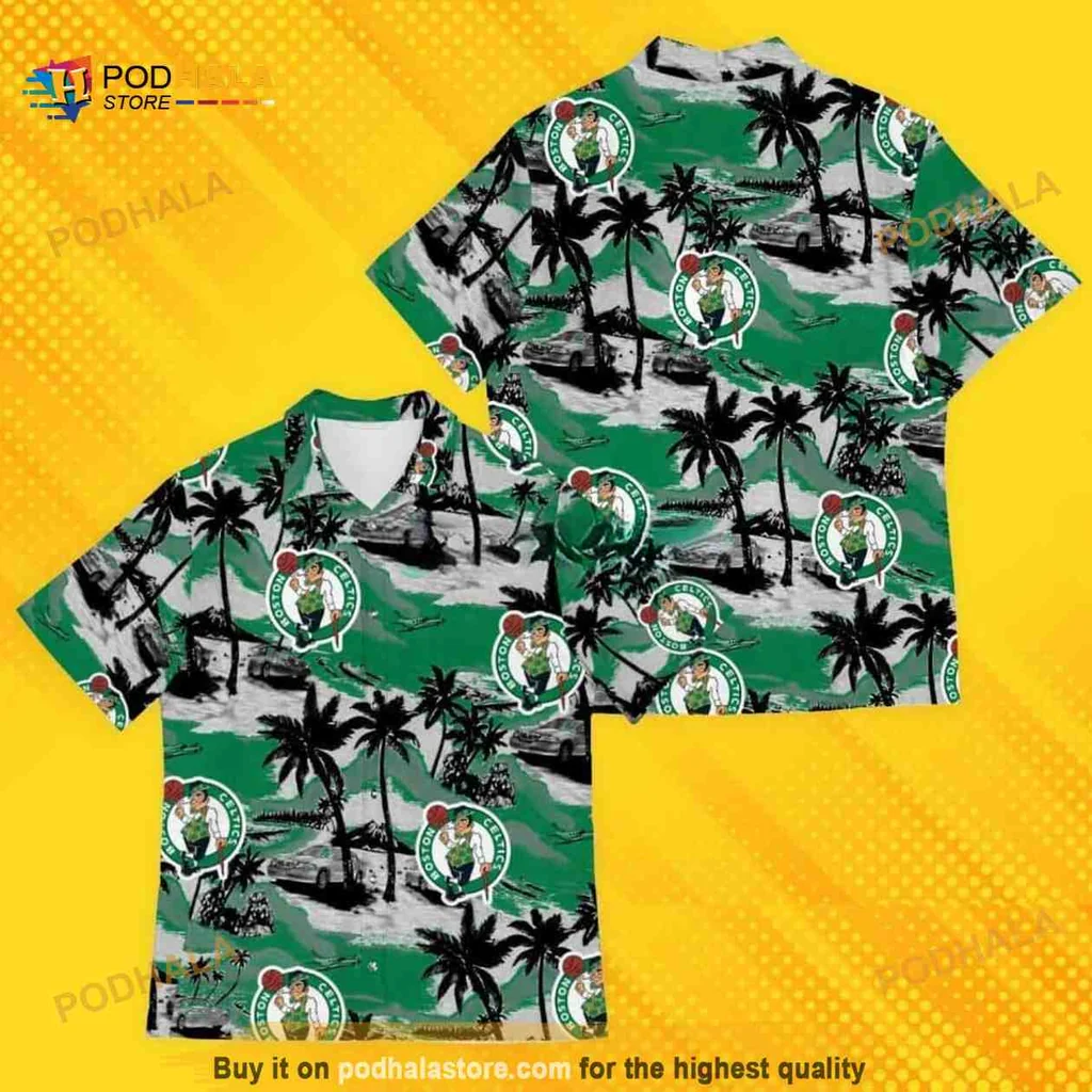 Boston Celtics Tropical Aloha Shirt With Palm Trees And Waves
