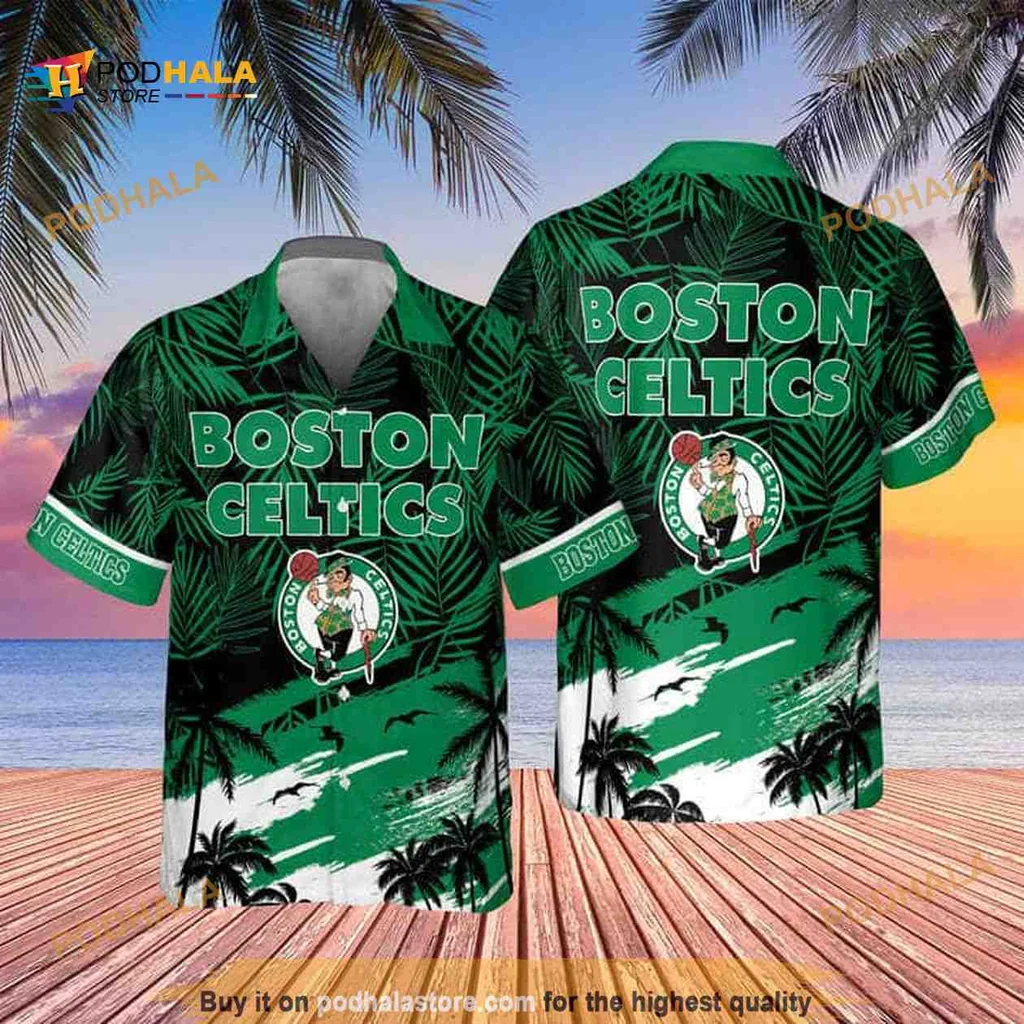 Boston Celtics Tropical Hawaiian Shirt With Palm Leaves And Leprechaun Design