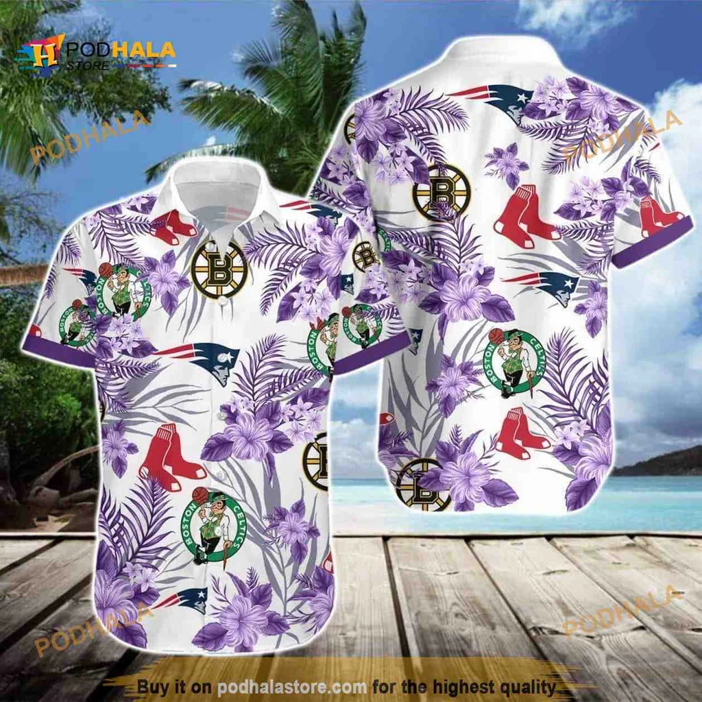 Boston Celtics Tropical Hawaiian Shirt With Purple Flowers And Palm Leaves