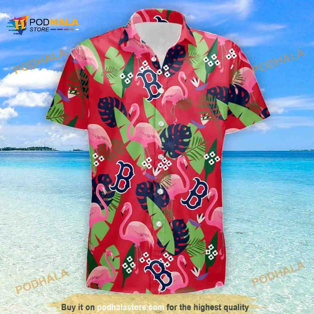 Boston Red Sox Flamingo Aloha Shirt With Tropical Leaves Design