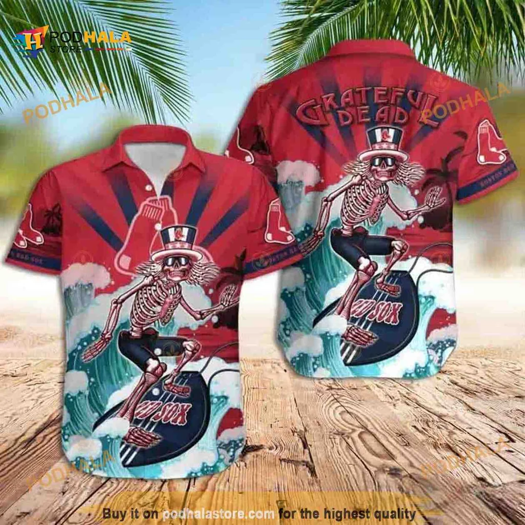 Boston Red Sox Grateful Dead Aloha Shirt With Surfing Skeleton Design