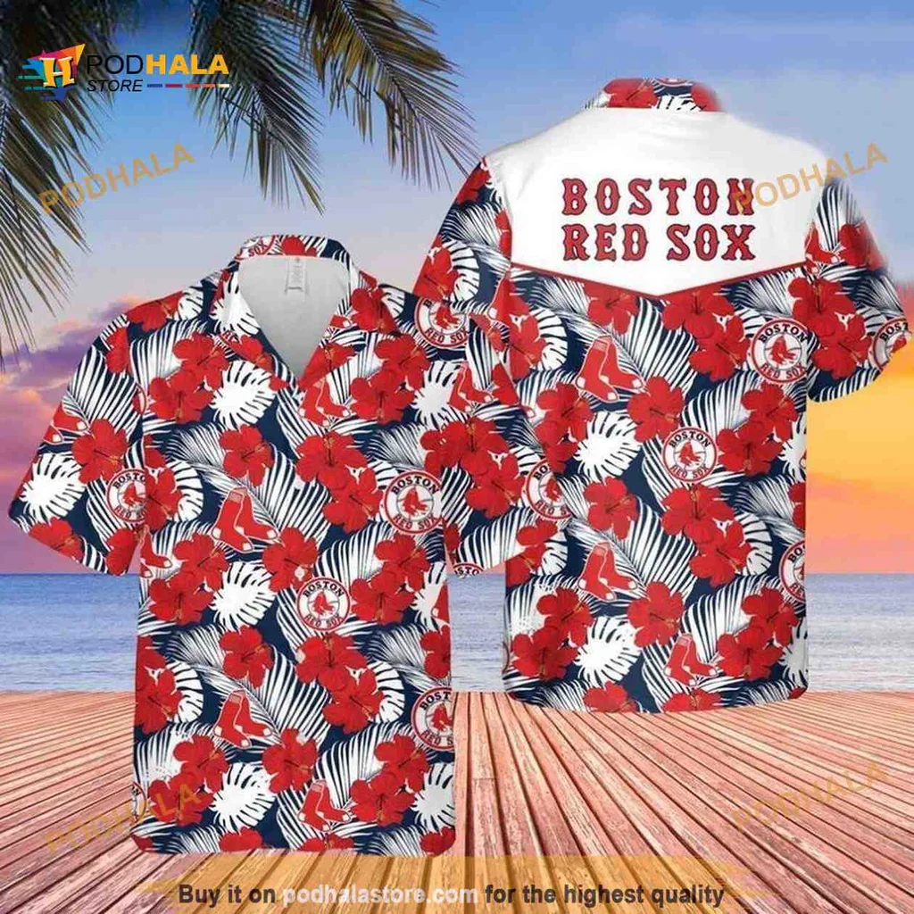 Boston Red Sox Hibiscus Hawaiian Shirt With Palm Leaves Design