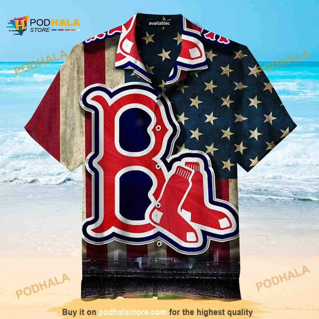 Boston Red Sox Patriotic Aloha Shirt With American Flag Design