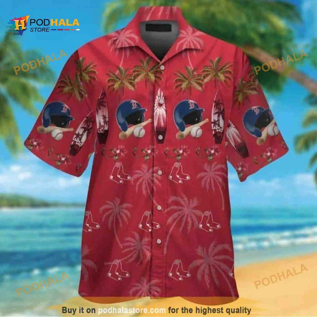 Boston Red Sox Surfboard Hawaiian Shirt With Tropical Palm Tree Design