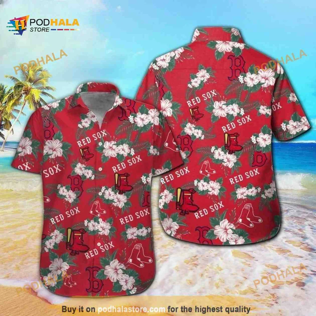 Boston Red Sox Tropical Aloha Shirt With Hibiscus Flowers