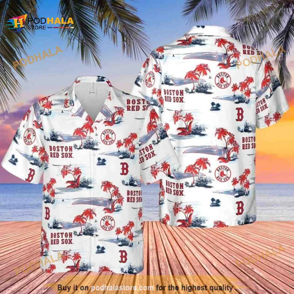 Boston Red Sox Tropical Aloha Shirt With Palm Trees And Bold Logo