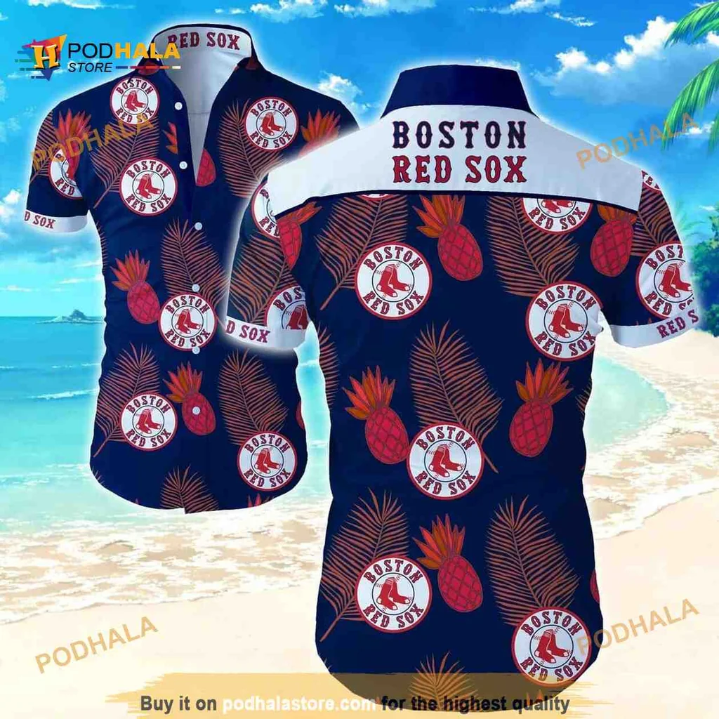 Boston Red Sox Tropical Aloha Shirt With Pineapples And Palm Leaves