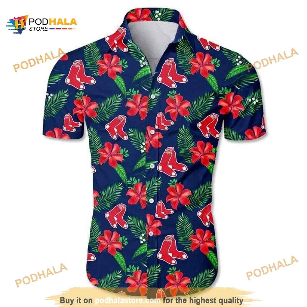 Boston Red Sox Tropical Beach Shirt With Hibiscus Flowers And Palm Leaves