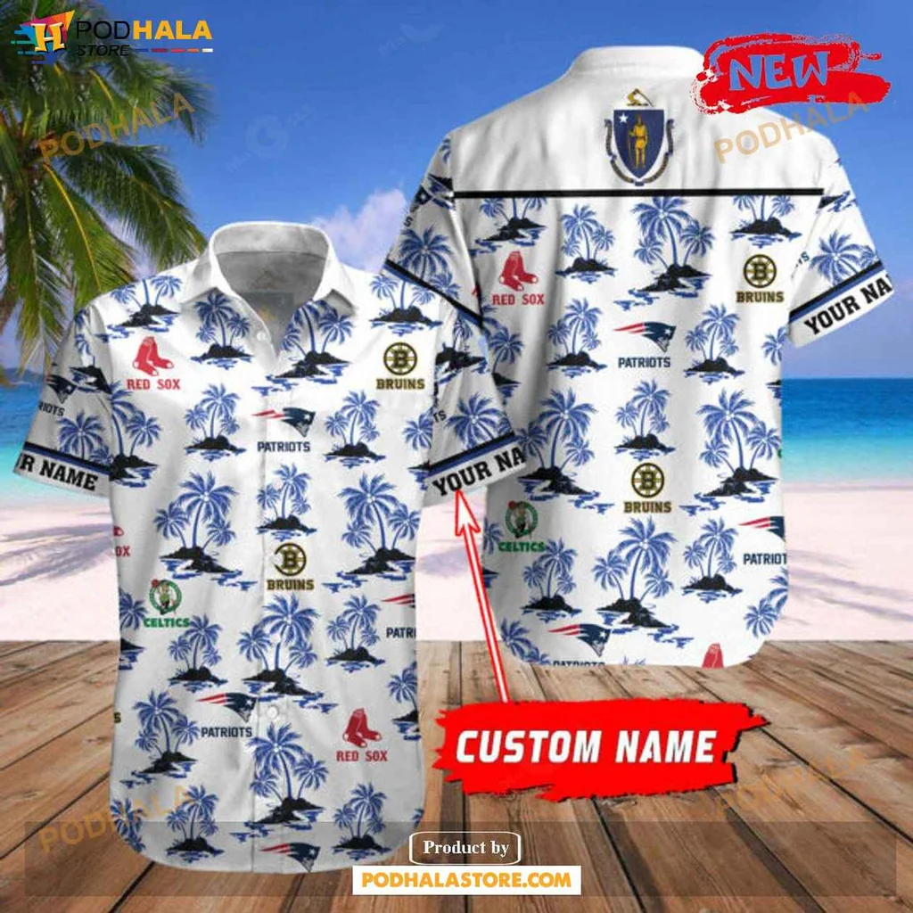 Boston Sports Fan Hawaiian Shirt With Boston Teams Logos And Tropical Design