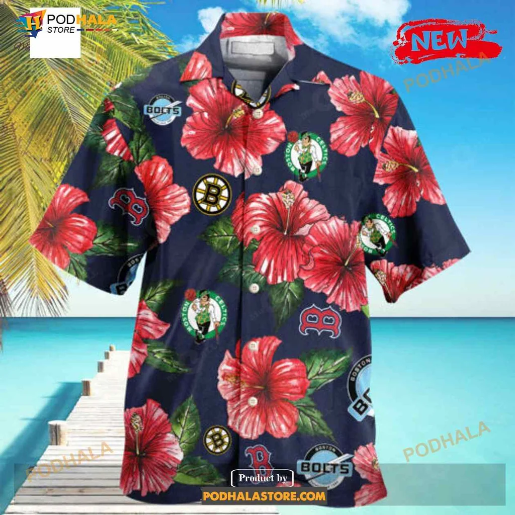 Boston Sports Teams Floral Hawaiian Shirt, Fun Summer Design With Hibiscus