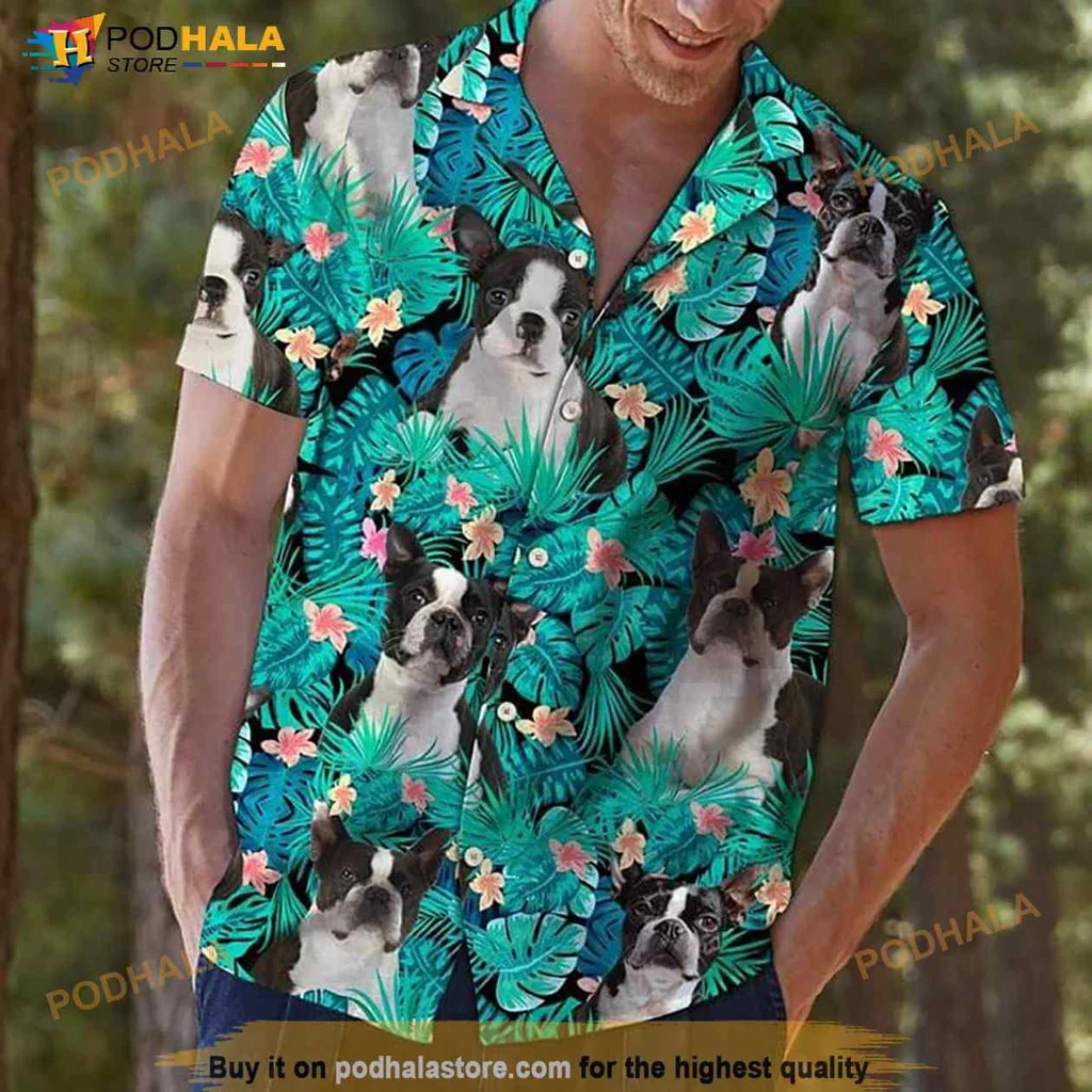 Boston Terrier Tropical Hawaiian Shirt With Colorful Floral Print