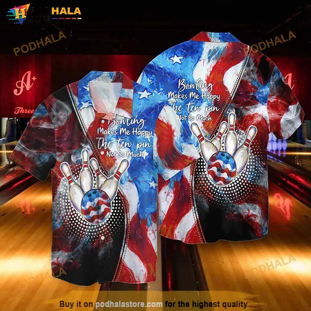 Bowling American Flag Hawaiian Shirt, Bowling Makes Me Happy Design