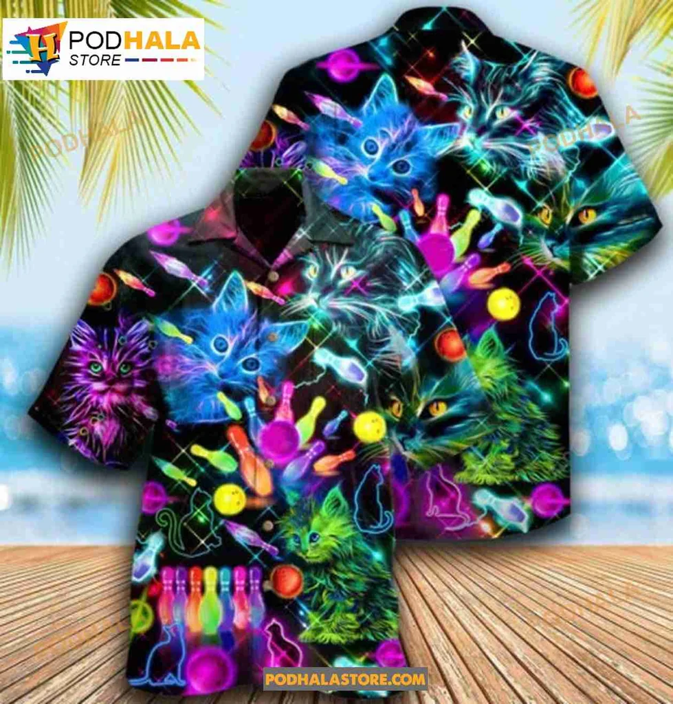 Bowling Cat Lover Hawaiian Shirt With Colorful Bowling Pins And Playful Cats