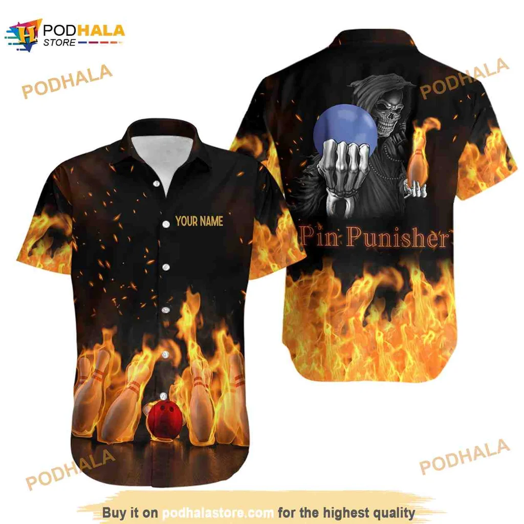 Bowling Punisher Aloha Shirt With Grim Reaper And Flames Design
