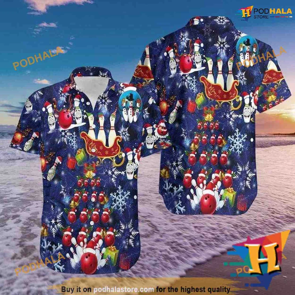 Bowling Santa Hawaiian Shirt, Festive Blue Christmas Design