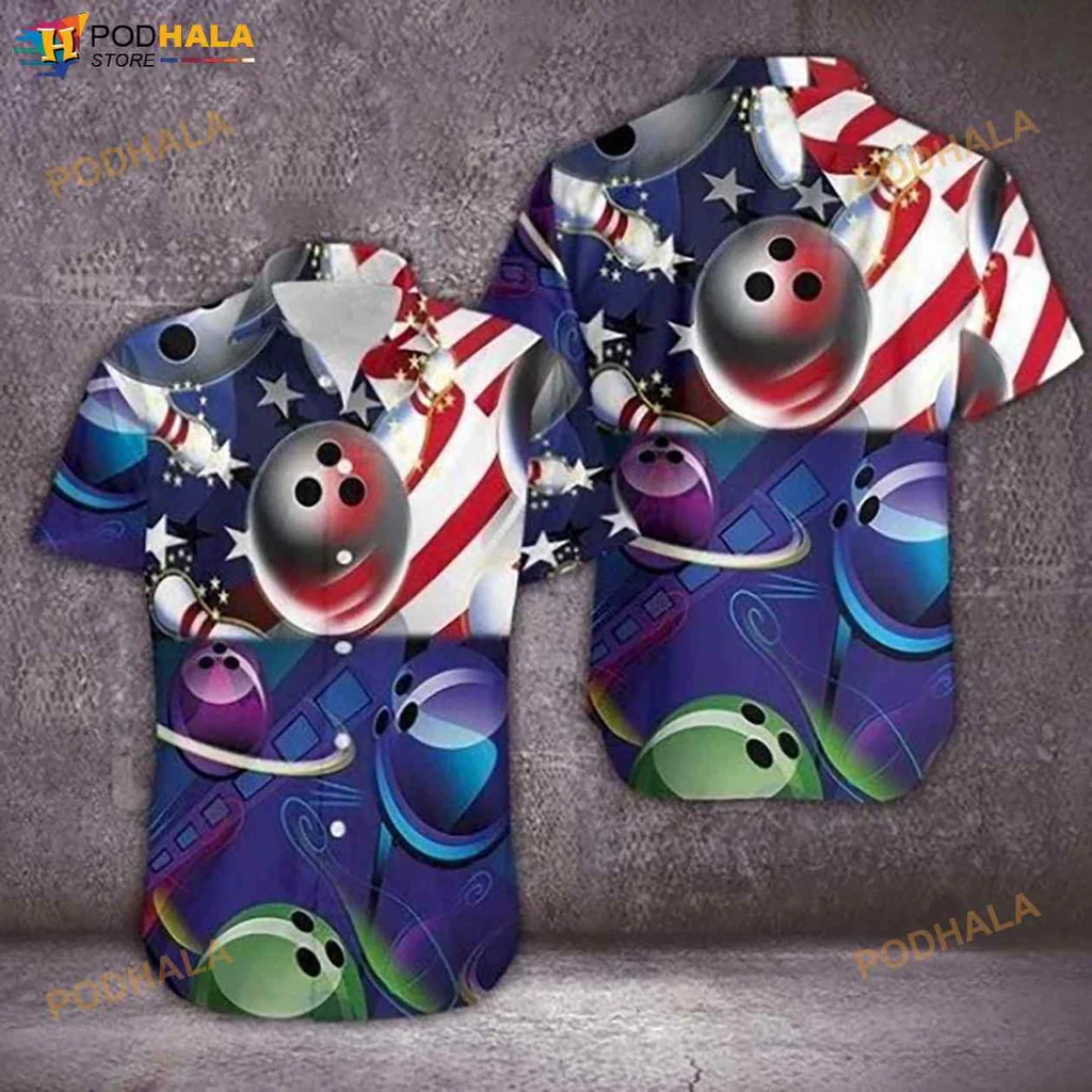 Bowling Space Hawaiian Shirt, Colorful Cosmic Bowling Ball Pattern Summer Button Up