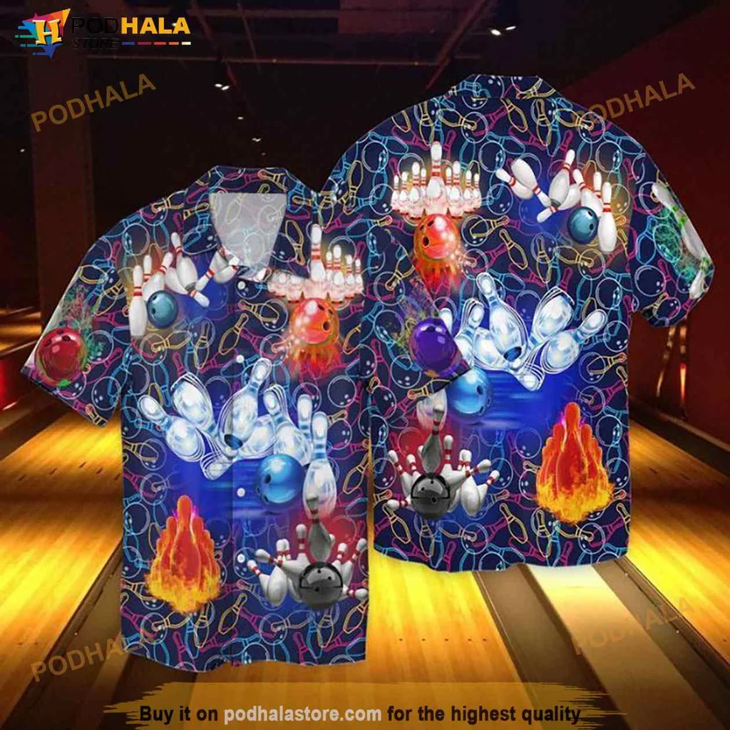Bowling Themed Hawaiian Shirt With Colorful Bowling Pins And Balls