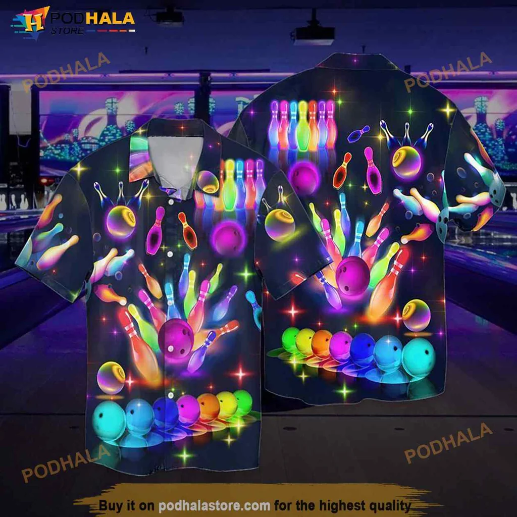 Bowling Themed Hawaiian Shirt With Colorful Neon Design
