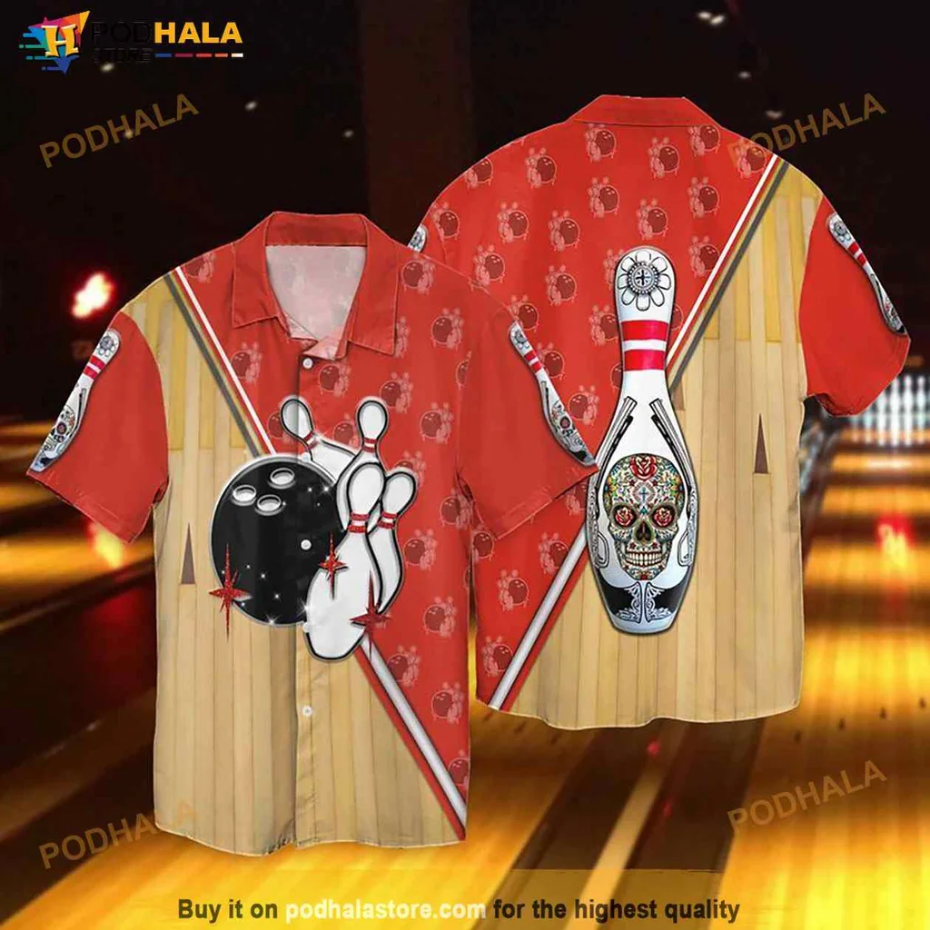 Bowling Themed Hawaiian Shirt With Colorful Skull Graphic And Striped Background