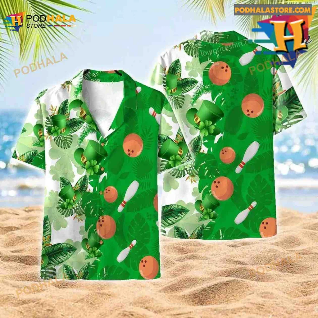 Bowling Tropical Aloha Shirt With Green Leaves And Orange Bowling Balls