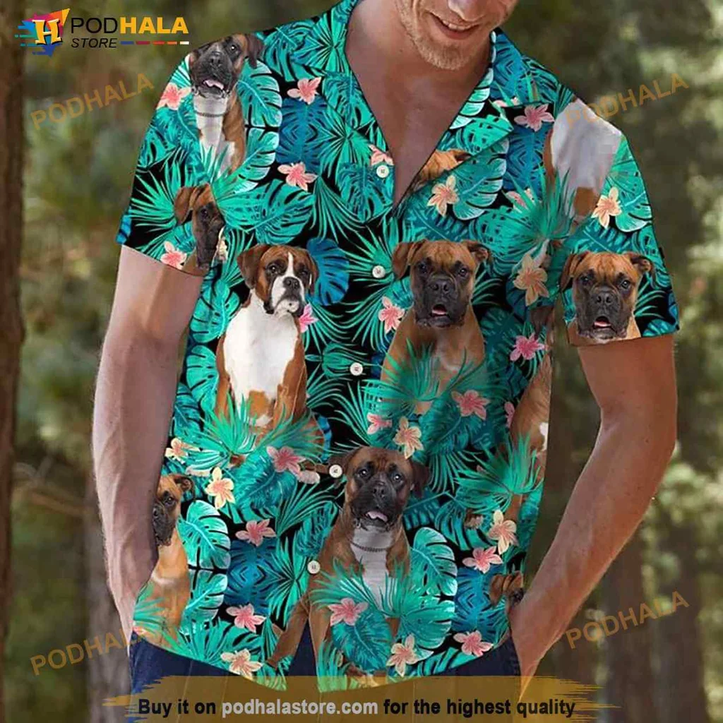 Boxer Dog Aloha Shirt With Tropical Leaves And Flowers