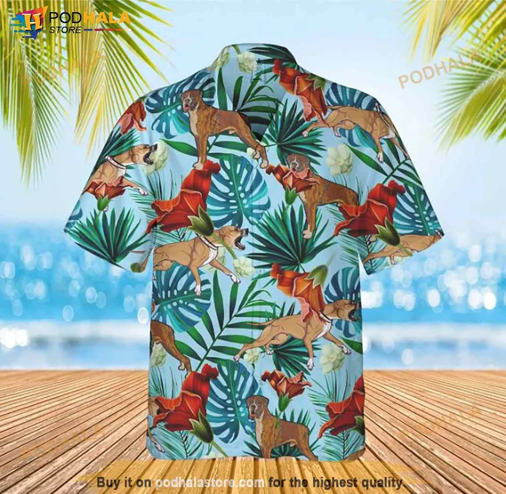 Boxer Dog Lover Hawaiian Shirt With Tropical Leaves And Flowers