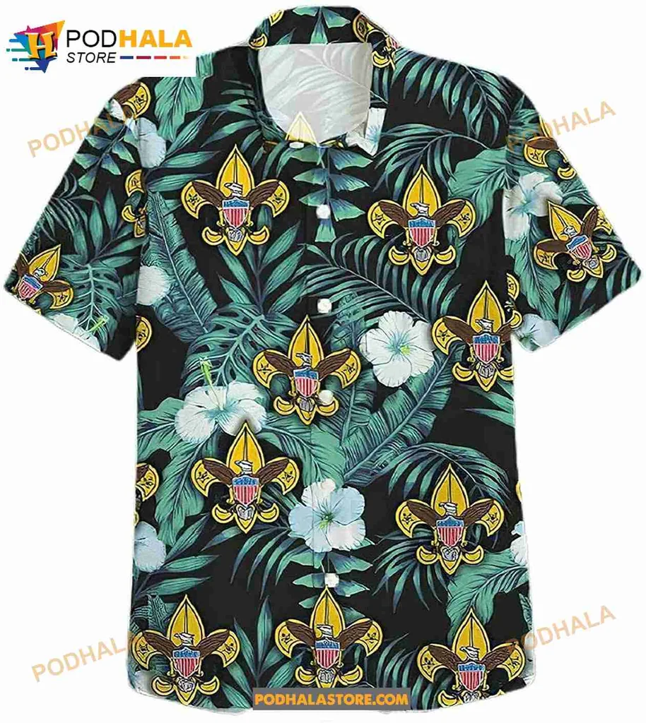 Boy Scouts Hawaiian Shirt Featuring Vibrant Emblem And Tropical Design