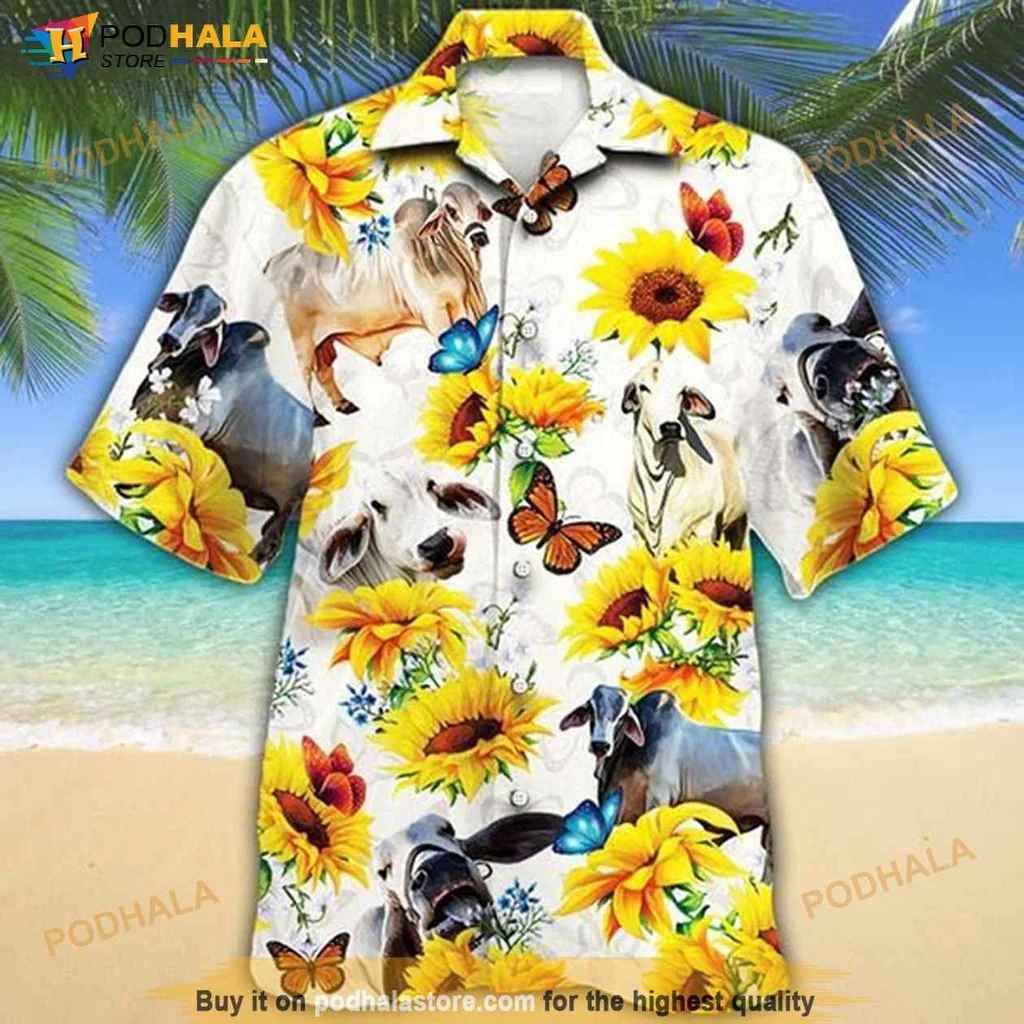 Brahman Cattle Sunflower Hawaiian Shirt With Tropical Vibes