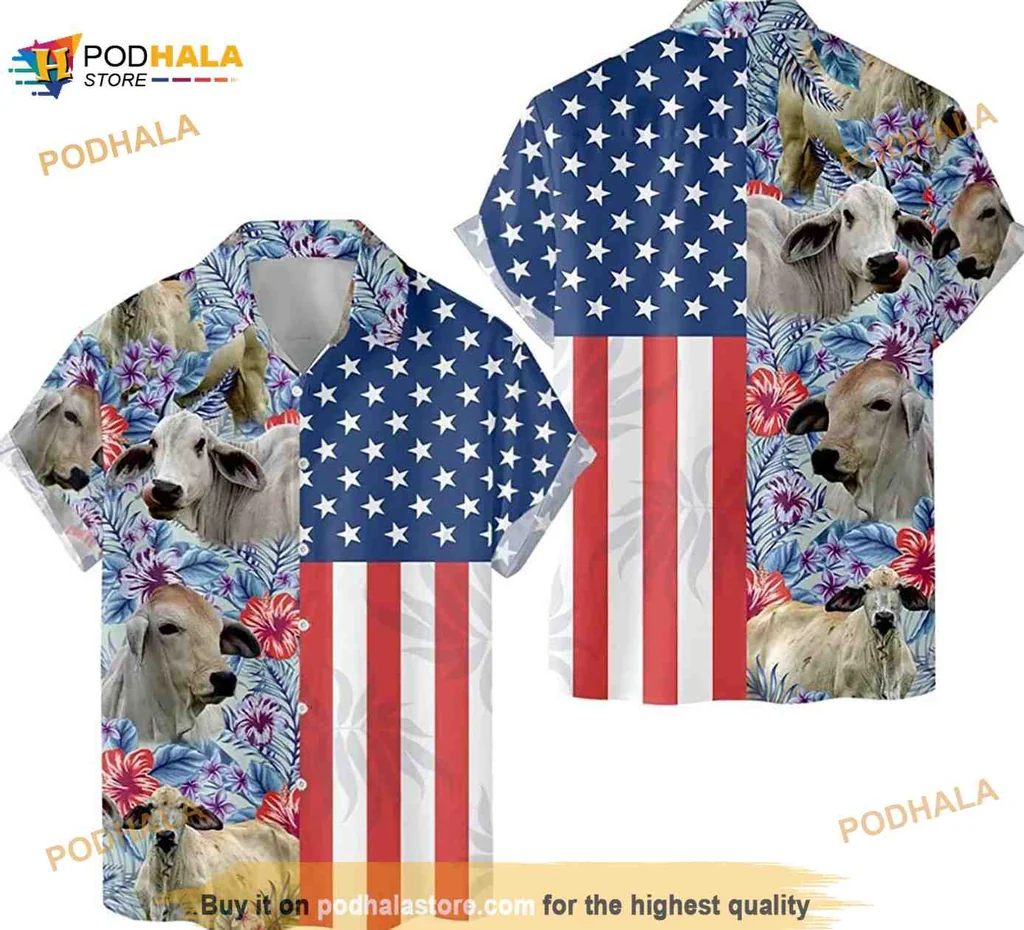 Brahman Cow Patriotic Hawaiian Shirt With Us Flag And Tropical Design