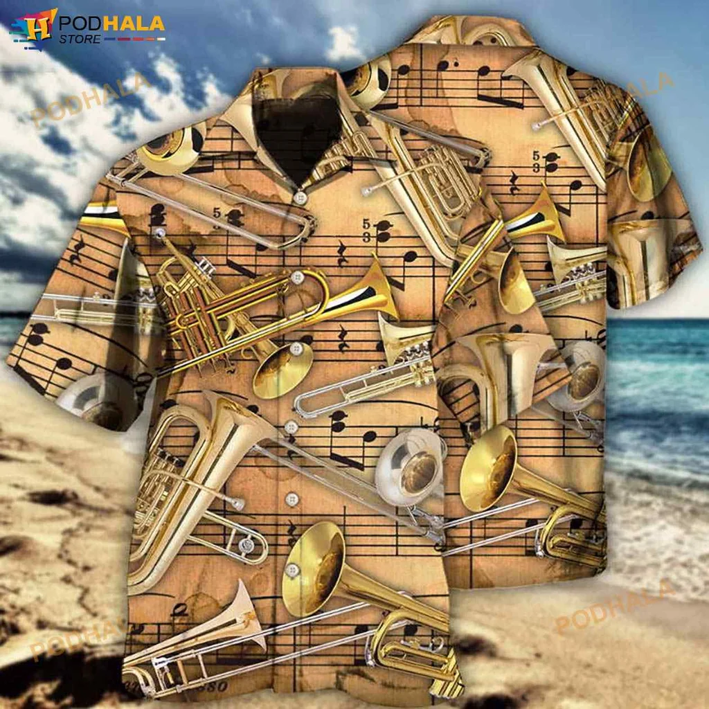 Brass Instruments Music Hawaiian Shirt With Sheet Music Design